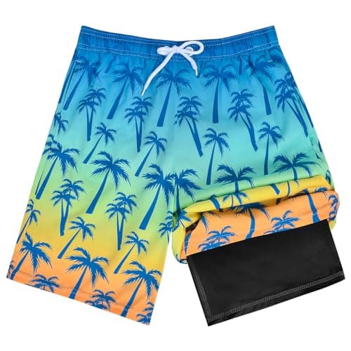 OlyPegic Boys Swim Trunks Size 14-16, Boy Swim Shorts Boy Bathing Suit Swimsuit Kids Swimwear Board Shorts with Boxer Brief Liner Compression Toddler Beach Running Swim Trunks (Coconut Tree)