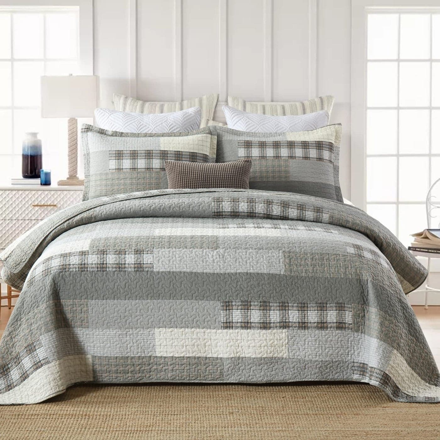 Finlonte King Size Quilt Cotton King Quilt Bedding Set GreyGray Patchwork Plaid Bed Quilts King Size Lightweight Reversible Soft King Size Bedspreads 3 Pieces