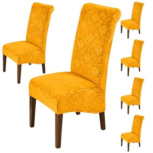 HOKIPO Embossed Velvet Long Back Chair Covers Set of 6, Gold (AR-5126-GLD*6)