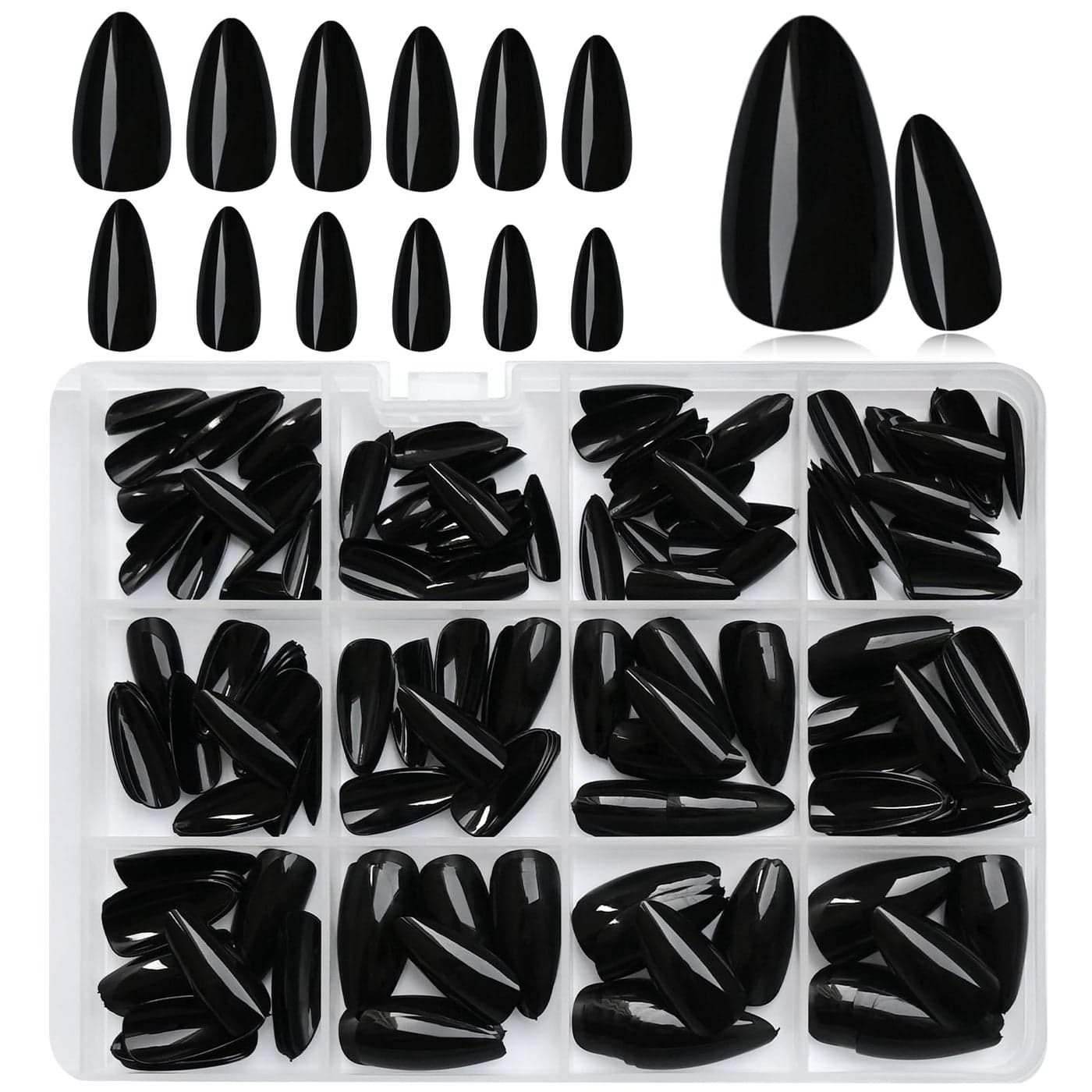 LoveOurHome 240pc Almond Press on Nails Medium Black Fake Nail Tips Full Cover Glue Almond Acrylic Nails Press ons Nail Short Stiletto False Artificial Fingernail Glue Adhesive Tabs for Women Girls