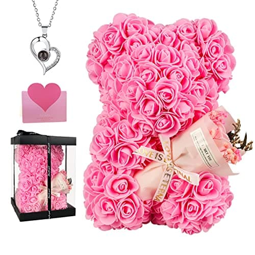 Rose Bear Birthday Gift for Women, Flowers Gifts for Mom Wife Grandma Daughter Friends Sister Her,Artificial Flowers Teddy Bear with Bouquet,Greeting Card,Mother's Day Christmas Valentines