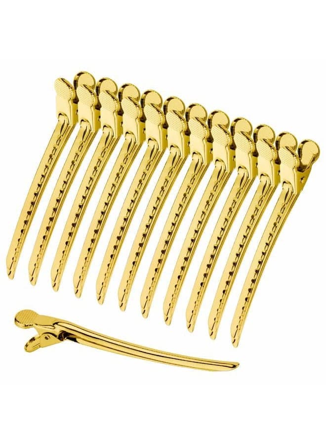 Hair Clips Prong For Hair Metal Hair Clips For Styling Hair Clips For Duckbill Hair Clips Sectioning Clips- Barrettes For Hairdressing Salon Styling Tools Stainless Steel - Gold, 12 Packs