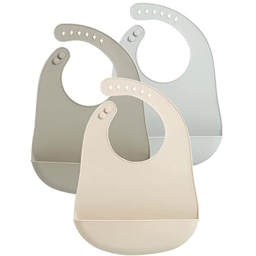 PandaEar 3 Pack Waterproof Silicone Baby Bibs Super Thin Light Weight Feeding Bib with Food Catcher Pocket for Toddler WalnutLinenBrown
