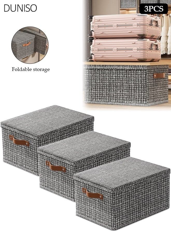 3 Pack Black Foldable Storage Boxes with Lids, Medium Non-Woven Fabric Organizer Bins with 2 Brown Handles, 36x25x20cm for Closet & Home Organization