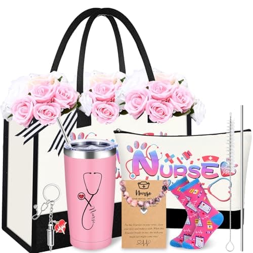 Nurse Gifts for Women Nurses Graduation Week 2026 Gift Set Nurse Funny Practitioner Appreciation Gifts for Women Gift Box for Nurses Canvas Tote Bag Cosmetic Bag Socks Wine Cup Keychain Bracelets