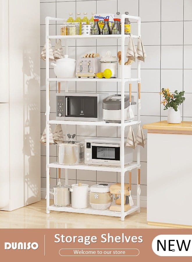 5 Tier Storage Shelves, Stable Kitchen Shelf Organizer, Storage Rack with Armrests, Removable Free Standing Rack with Hooks, Multipurpose Rack, Shelving Unit for Laundry Room,Living Room,Garage,Pantry,Study Room