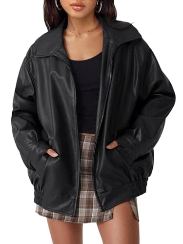 hathne Womens Oversized Leather Jackets Faux Zip Up Fall Fashion Motorcycle Jackets Coats Winter ClothesBlackS