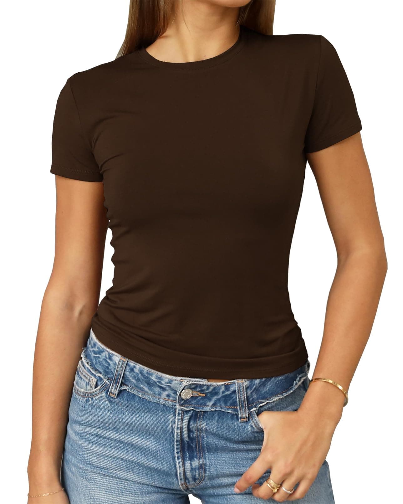 Abardsion Women's Casual Basic Going Out Crop Tops Slim Fit Short Sleeve Crew Neck Tight T Shirts 2025 (Deep Brown, S)