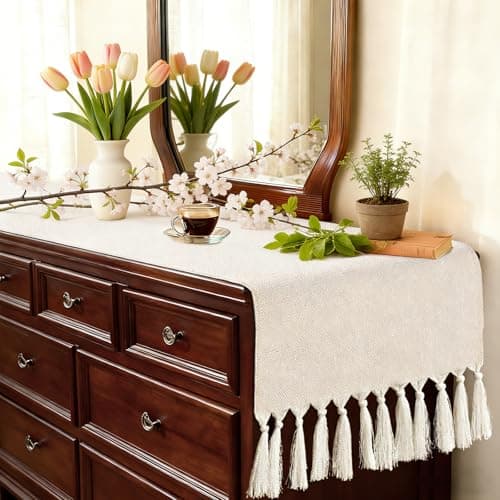 yuboo Boho Cream Table Runner 72 inches Long, Spring Rustic Farmhouse Dresser Runners Cover Top for Bedroom, Dining Table, Coffee Table, TV Stand, Elegant Country Linen Table Decor (15x72 inch)