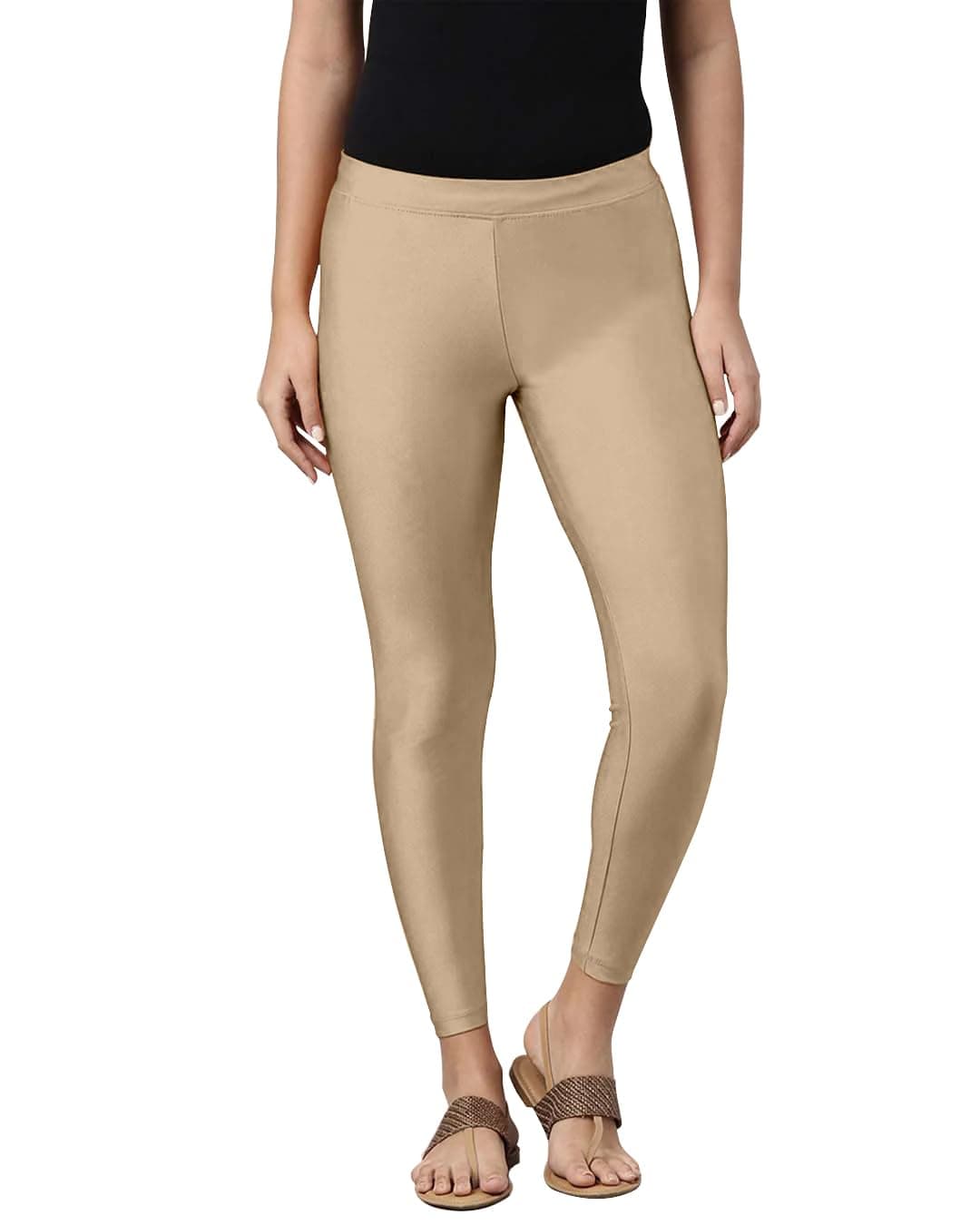 Mehrang Tailored Cut & Slim Fit Stetchable Fabric Ankle Length Shimmer Leggings for Womens and Girls (in, Alpha, S, Regular, Beige)