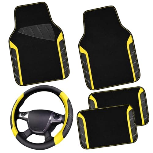CAR PASS Leather Steering Wheel Cover and Waterproof Car Floor MatsMicrofiber Universal Car Combo Fit for 95 Sedan SUV Van Truck14515 inch Sporty AntiSlip Safety Comfortable Design BlackYellow