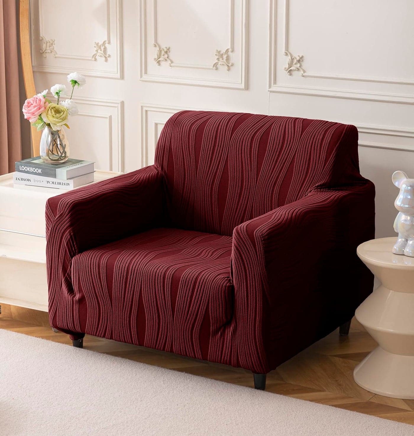 House of Quirk Universal Jacquard Waterproof Crizzle Pattern Fabric Sofa Cover Soft Touching Cover for Couch Flexible Stretch Sofa Slipcover (One Seater, Maroon)