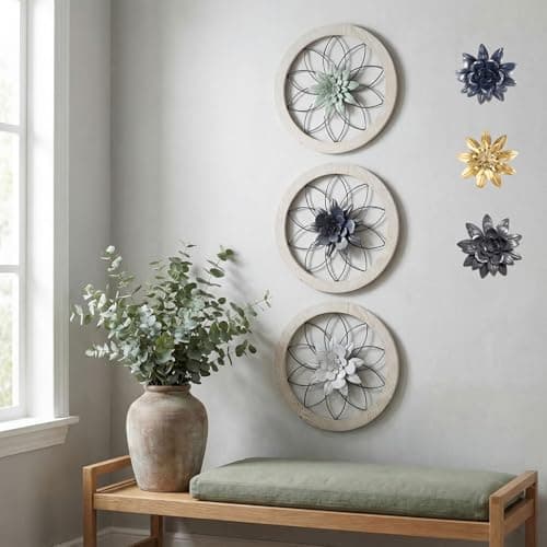 AIM GGKK 3 Piece Round Farmhouse Wall Decor Set with Interchangeable Metal Flower 12 Inch Rustic Wall Art for Living Room Kitchen Dining Room Bedroom Modern Farmhouse Style
