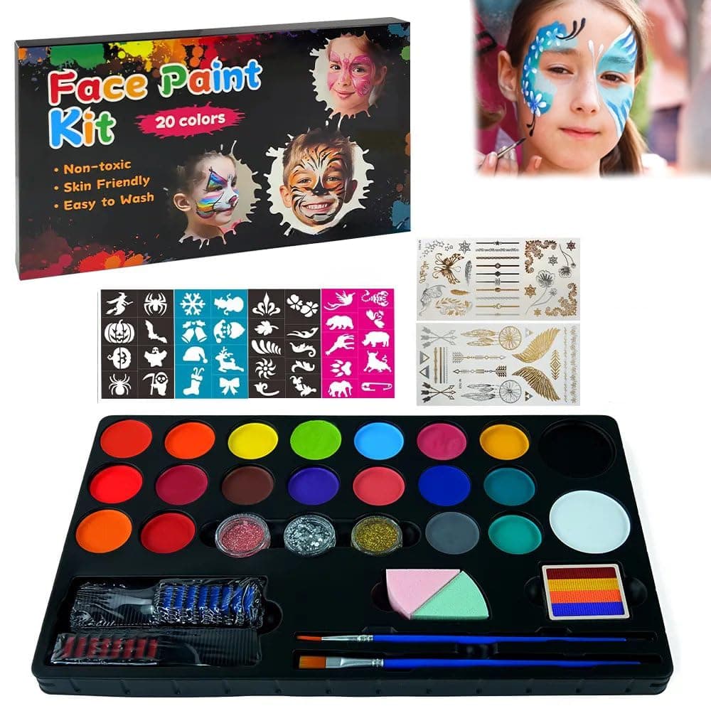 WISKA Face and Body Paint Kit for Kids 20 Water Based NonToxic Oil Palette Ideal for Parties Halloween Makeup Includes 3 Glitters 2 Hair Chalk Combs 2 Paint Brushes 32 Stencils