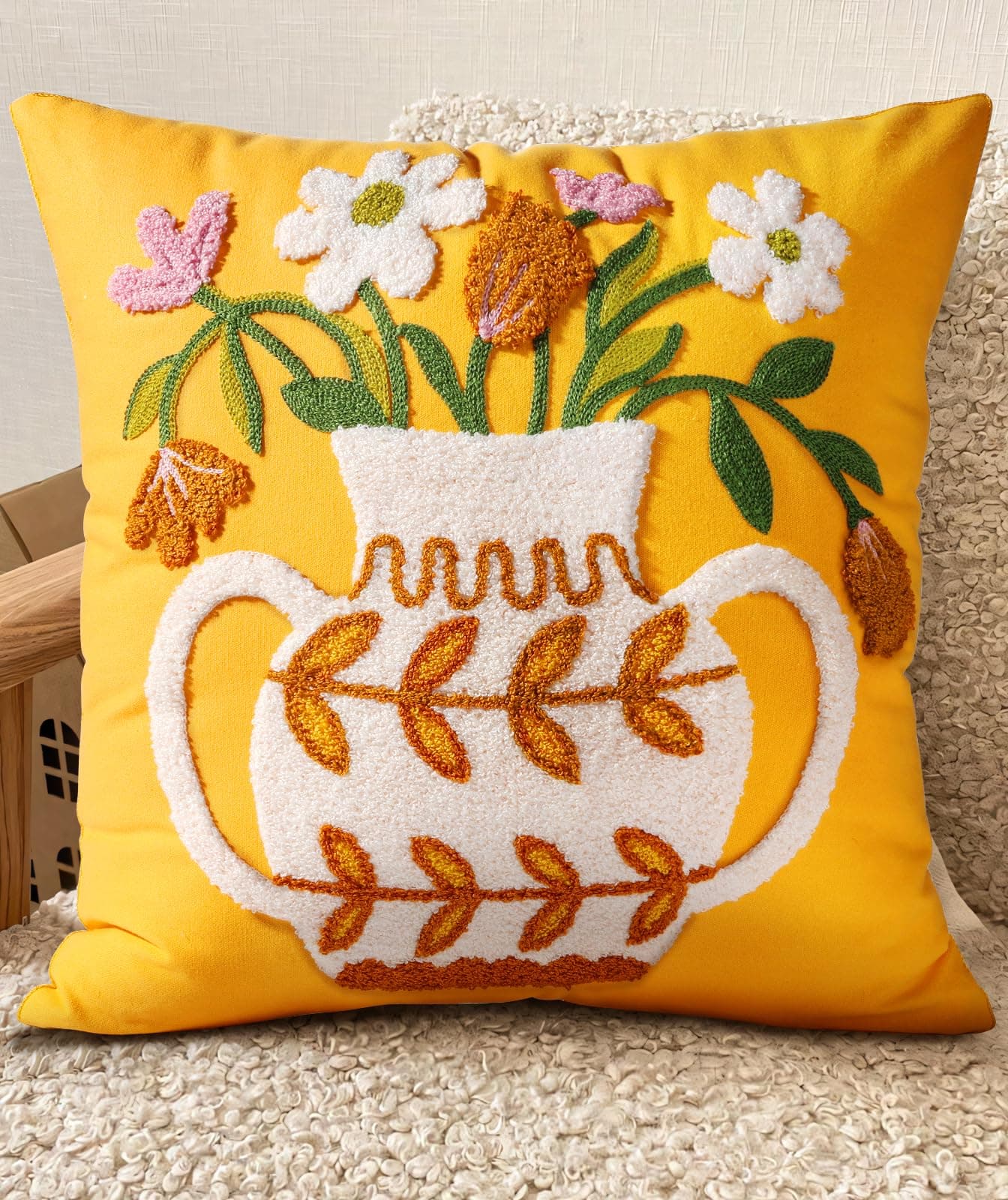 Kokaaee Embroidered Throw Pillow Cover 18x18 Decorative Pillow Cover with Zipper Aesthetic Cute Design Boho Summer Cozy Throw Pillowcase for Living Room Couch Sofa Bed Floral Vase