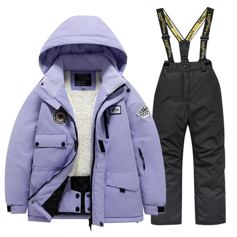 HOTIAN Boys Winter Kids 2 Piece Ski Suit Thicken Warm Hooded Jacket and Ski Pants Snowsuit Snowboarding Clothespurpleblack10