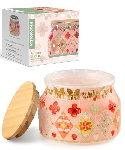 PieceRelax 3D Puzzle Jar 64 Plastic Pieces for Adults Sweetness of Strawberry Wooden Lid Container for Kitchen Dining Study Living Room No Glue Requied Small BC1026