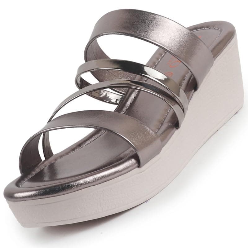 FAUSTO FST KI-804 GUN METAL-39 Women's Gun Metal Glossy Open Toe Multi Strap Wedge Heel Wedding Ethnic Sandals|Slippers for Party|Festive|Height Enhancer Sandal (6 UK)