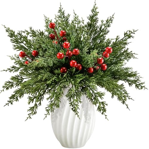 ComfyKit 26Pcs Artificial Pine Branches with Red Berry StemsChristmas Faux Green Cedar Sprigs BranchesFake Greenery Pine Needles for WreathsGarlandsCraft DIYand Xmas Decorations