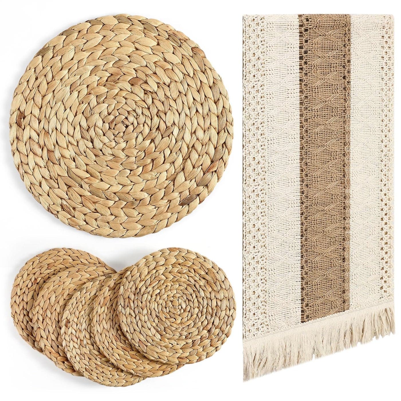 Baderke 7 Pcs Boho Table Runner and Round Placemats Set Table Runner Woven Placemats Braided Water Hyacinth Place Mat Farm Beige Centerpiece for Spring Summer Home Dining12 x 72 Inch