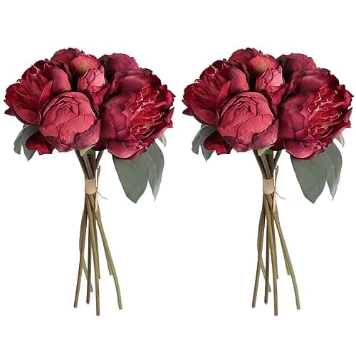 ICBOX 2 Bouquets Red Peonies Silk Flowers 14Heads Faux Peony Flowers Red Fake Peonies Flowers Artificial for Decorations for Wedding Bouquets Bridal Shower Decorations Home Office Party Decor