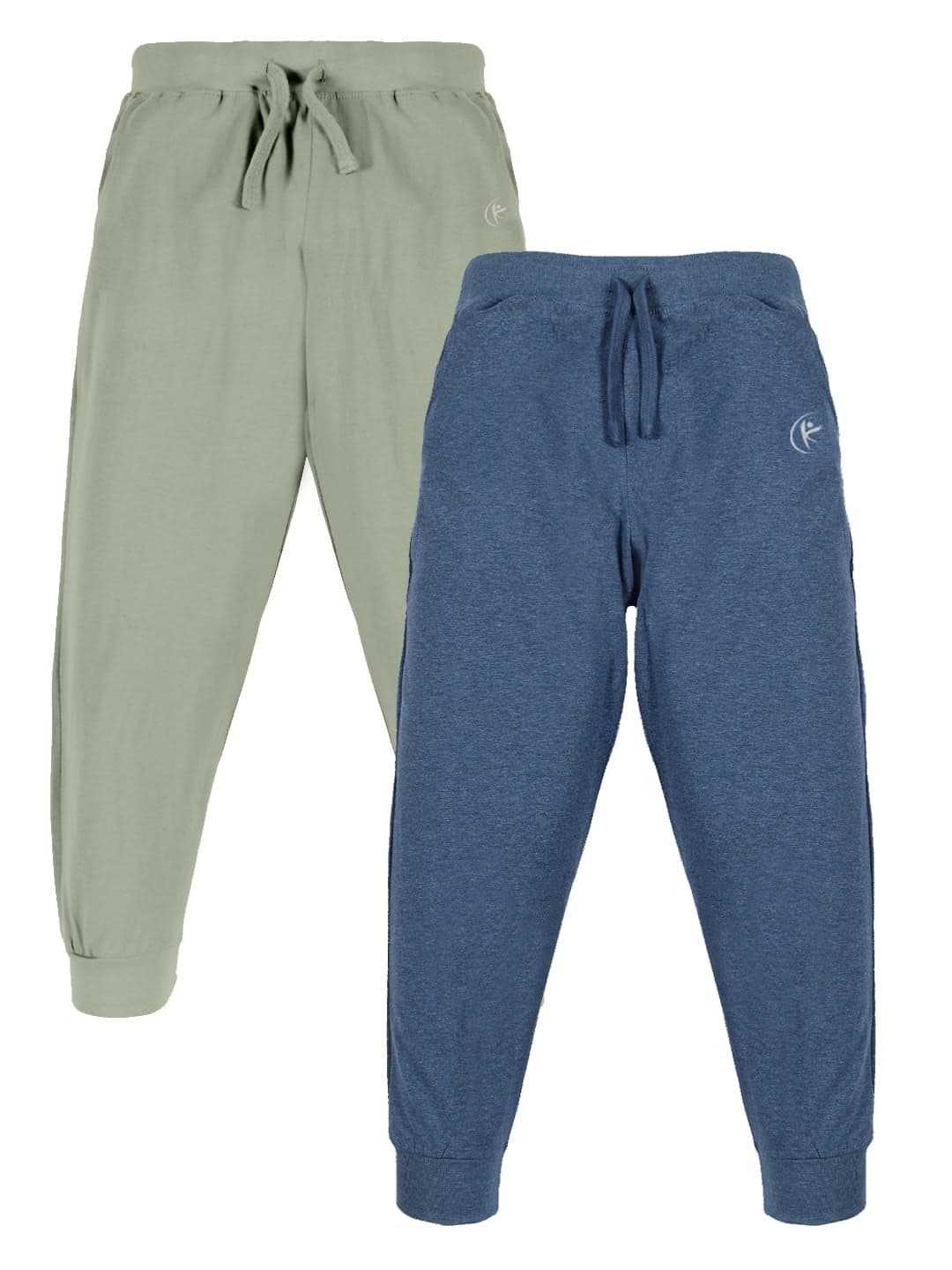 KiddoPanti Unisex Solid Cotton Track Pant Pack of 2, Lt Green & Blue Melange, 12-14Y