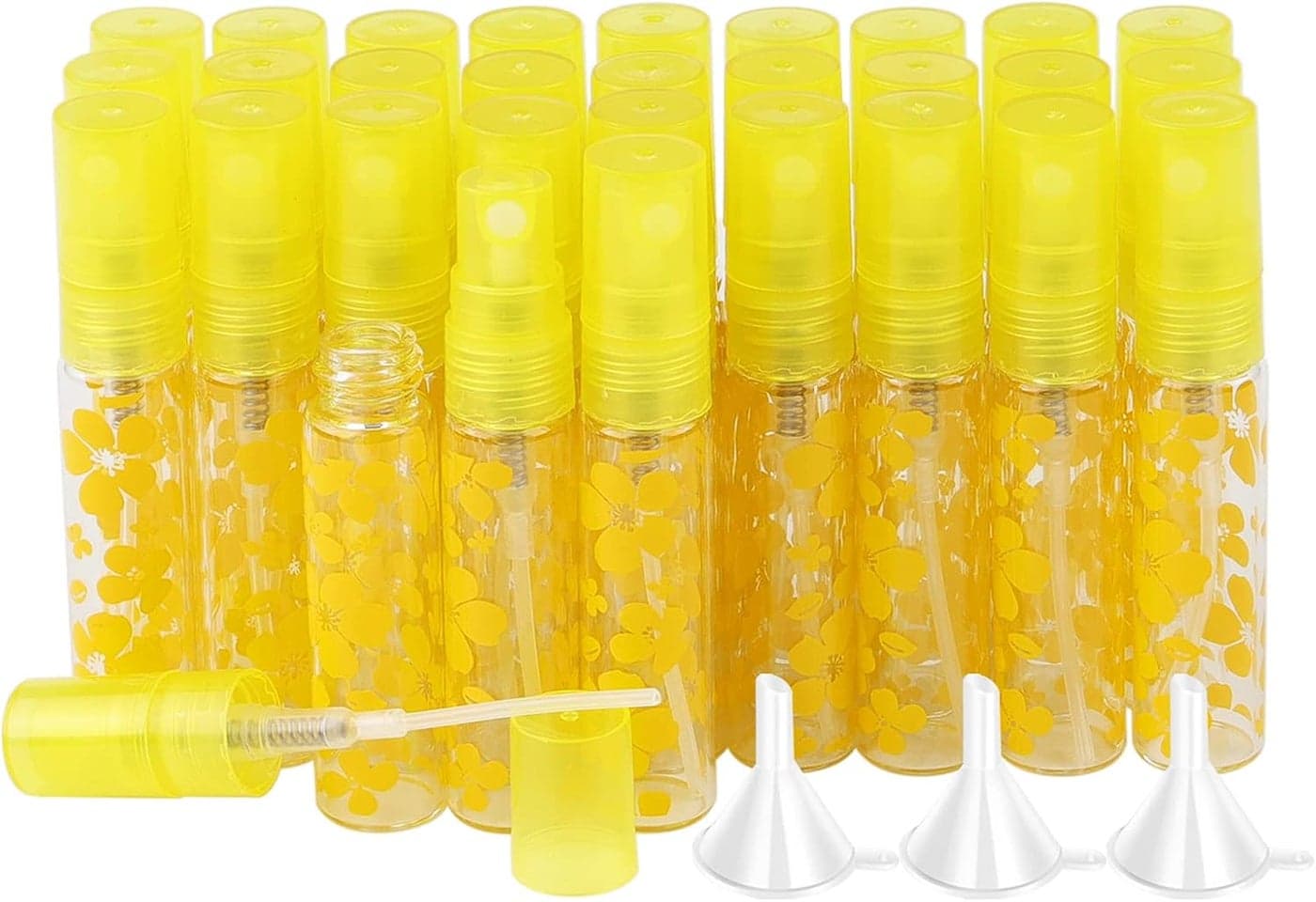 30Pcs Glass Spray Bottles Set 5ml Empty Mini Sprayer Containers Refillable Fine Mist Atomizer Vials Tubes for Essential Oil Perfume Yellow