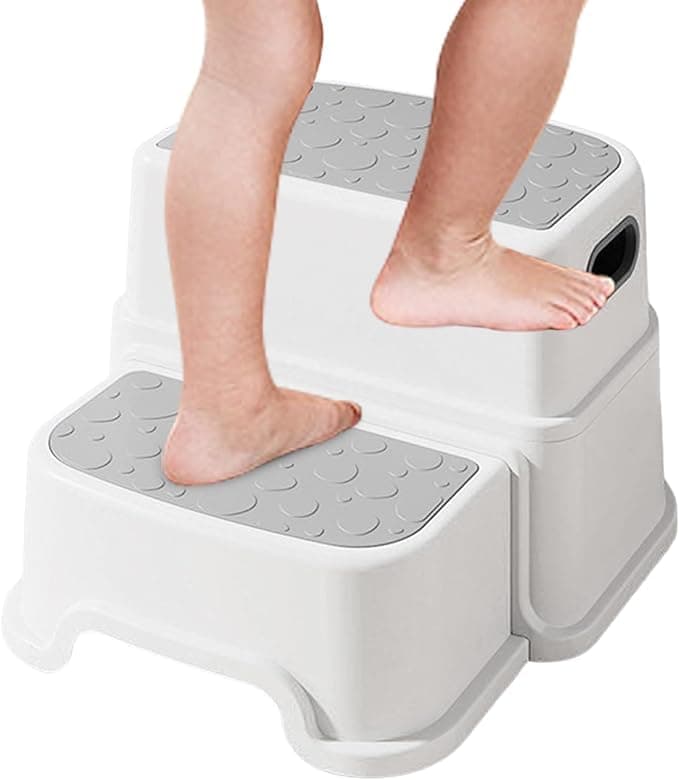 BLURISM Step Stool for Children 2Step NonSlip Surface Very Stable Disassemble with Handle Grey White Modern Style Plastic Material Bathroom Kitchen Bedroom