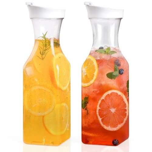Set Of 2 Plastic Carafe With Lid 50 Oz Mimosa Bar Supplies Large Plastic Water Pitcher Square Base Juice Containers For Party Milk Container Beverage Containers For Fridge HAND WASH ONLY