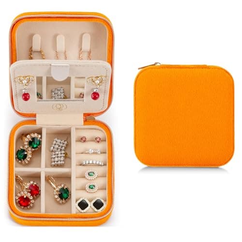 ZPROW Plush Velvet Travel Jewelry Case, Travel Jewelry Organizer, Jewelry Travel Case, Travel Jewelry Box, Small Jewelry Case, Jewelry Travel Box, Earring Organizer with Mirror - Orange