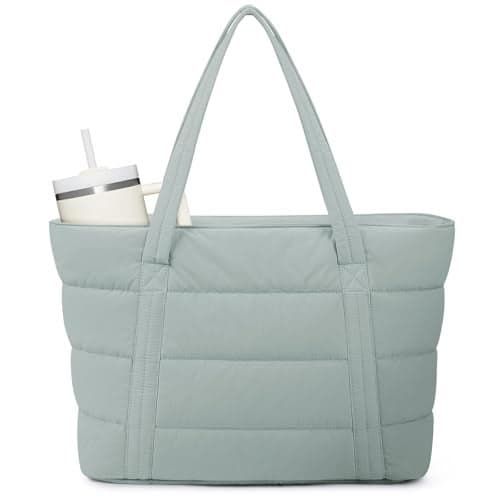 Narwey Puffer Tote Bag for Women with Cup Holder & Laptop Compartments, Lightweight Quilted Travel Gym Work Tote Bags for Nurse Teacher (Sage Green)
