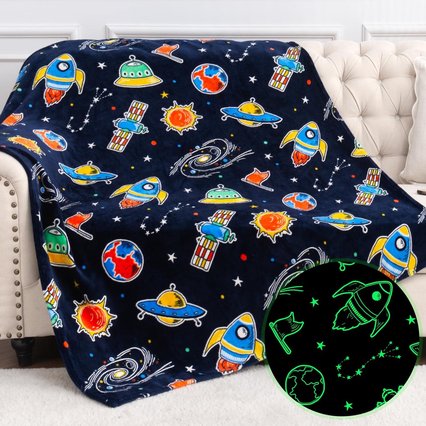 Jekeno Space Toys Gifts for Boys Girls Glow in The Dark Galaxy Blanket Christmas Birthday Valentines Easter Present Decor for Kids Age 114 Year Old Teen Child Toddler Planet Spaceship Throw 50x60