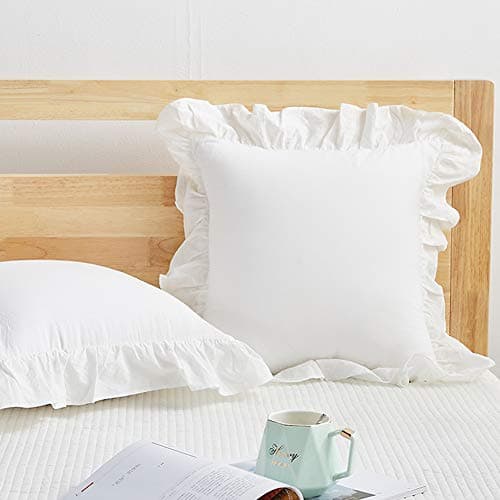Mywinlle Vintage Off White Ruffle Euro Shams Shabby Farmhouse Pillow Cover 100% Washed Cotton Pillowcases Set of 2-26"x26"