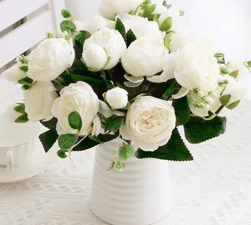 HoYuanFlo Artificial Peony Flowers Silk Peony Rose Real Touch Fake Flowers 3pcs Single Stem with 5 Heads Bouquet for Home Wedding Party Decoration White