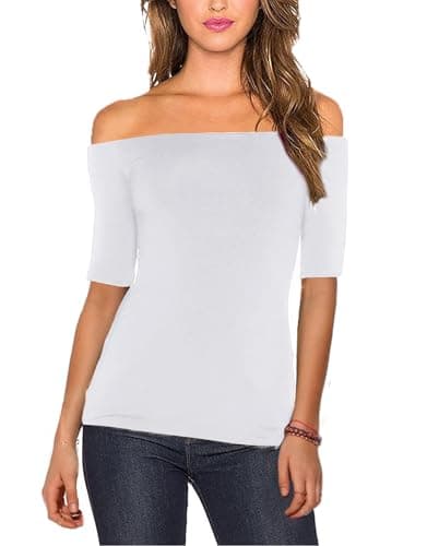 Women's Sexy Slim Fit Stretchy Off Shoulder Elbow Half Sleeve Blouse Tops White M