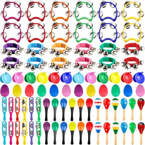 84 Pcs Shaker Musical Instruments Set including 12 Plastic Handheld Tambourine Bells 12 Colorful Cymbal 12 Egg Shaker 24 Maracas 12 Wrist Bells with 12 Castanets for Preschool Early Music Learning Toy