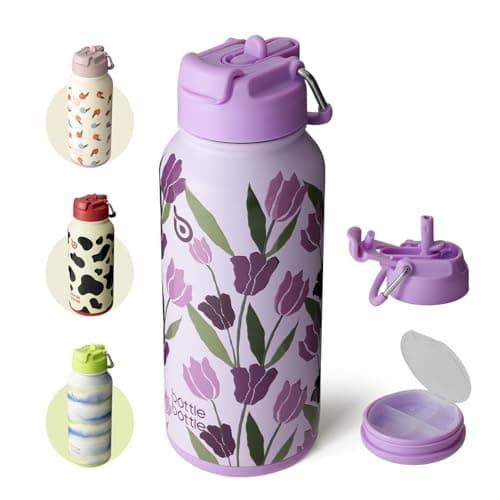 BOTTLE BOTTLE 32oz Insulated Water Bottle Stainless Steel Sport Water Bottle with Straw Dual-use Lid Design for Gym with Pill Box (Purple Tulips)