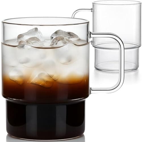 Aquach 18oz Stackable Glass Mugs with Handle, Set of 2 - Large Clear Coffee Cups for Latte, Cappuccino, Mocha, Americano, and Tea
