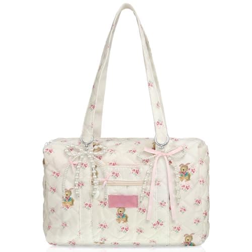 Yeyeplum Pink Coquette Bag White Floral Handbag Kawaii Handbag Coquette Bow Quilted Duffle Bag for Women Shoulder Purse with Bow Pearl Keychain for Christmas Gifts Business Travel Trip