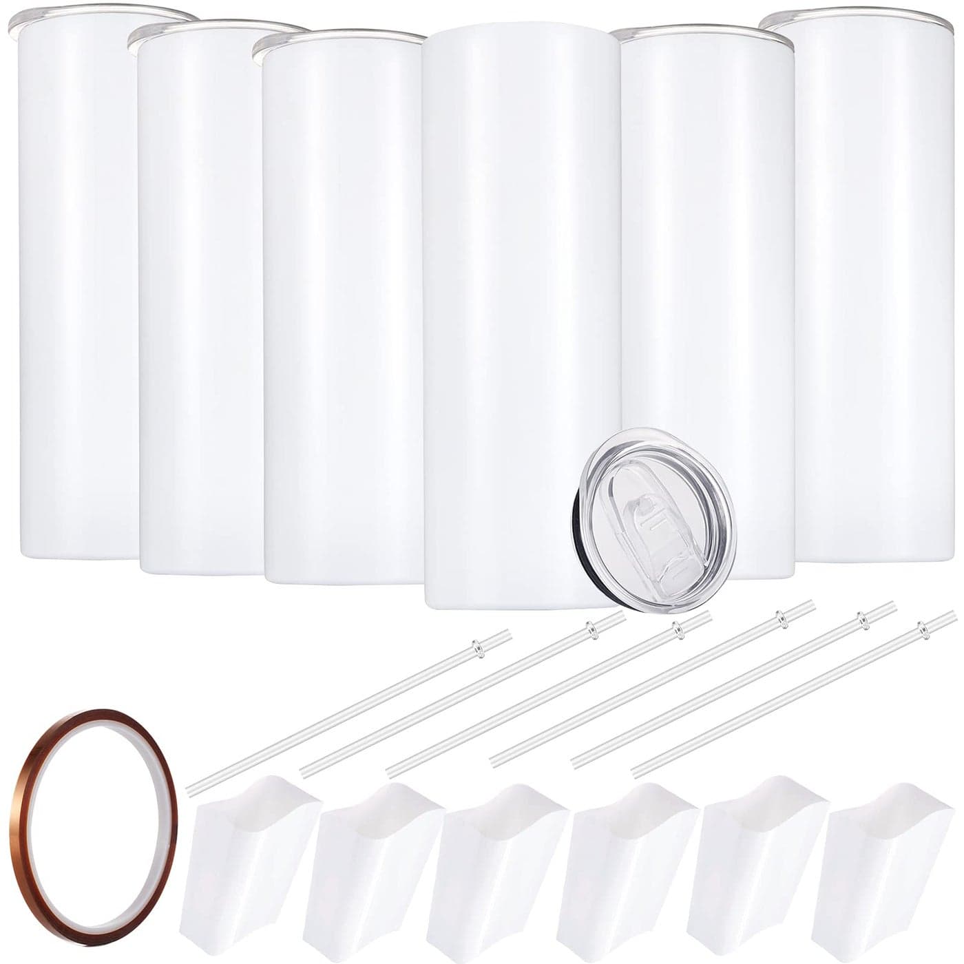 YOUKE OLA Sublimation Skinny Tumbler Straight Blank White 20oz Sublimation Tumblers for Heat Transfer Stainless Steel Coffee Cup with Shrink Wrap Sleeve Heat Tape Vinyl DIY Gifts 6 Pack