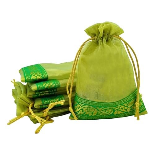 Soul Artisan Potli Drawstring Bag Green Tissue Silk - Green With Zari Border for Return Gifts, Wedding, Baby Shower, Haldi Functions, Dry Fruit and Jewelry Packaging Size 18X23 cm | Pack of 20