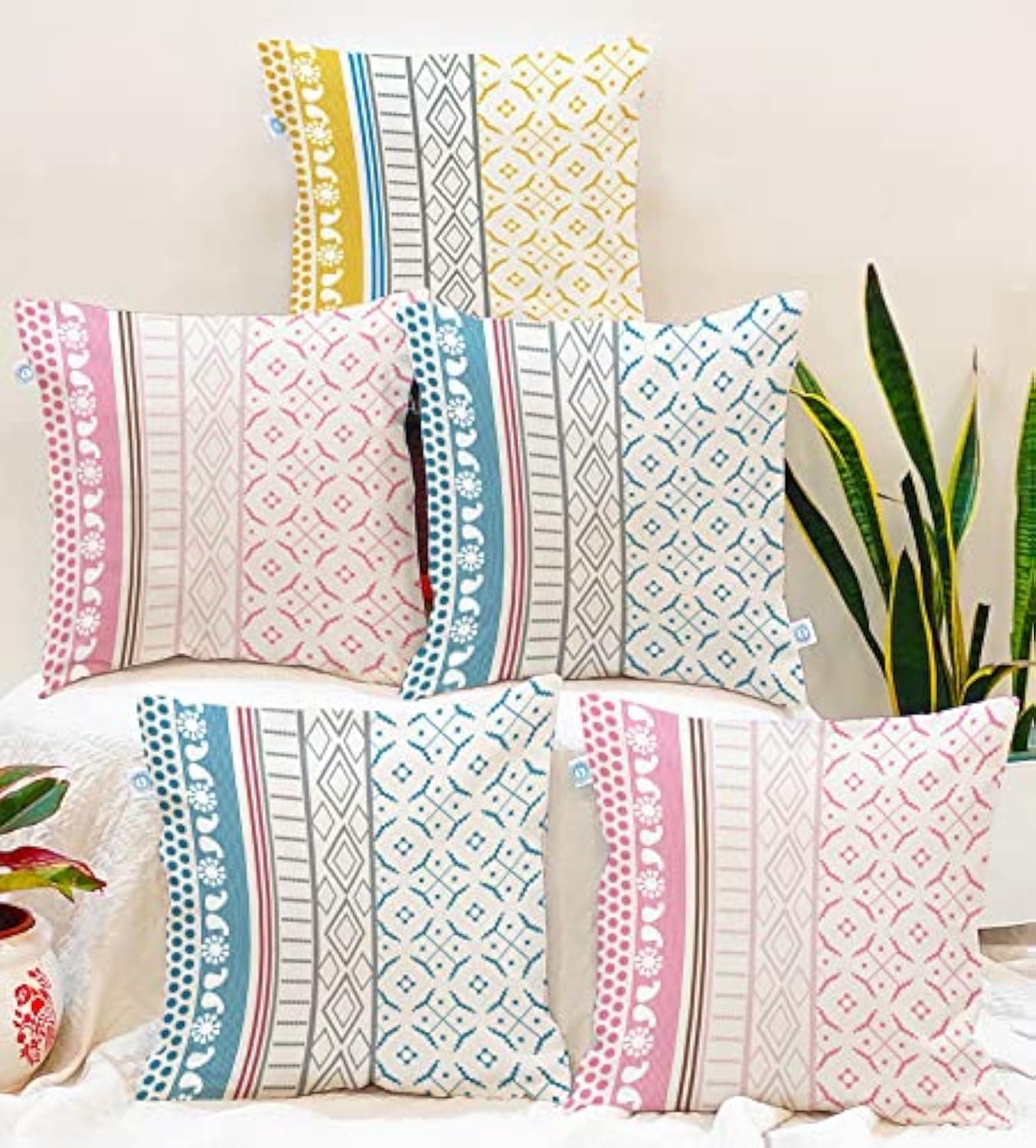 STITCHNEST Set of 5 Polycotton Cushion Covers – Multicolor Traditional Stripe & Motif Print – 18x18 Inches – Ethnic Sofa Cushion Covers for Living Room & Home Decor