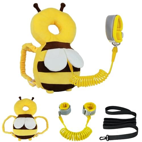 Baby Head Protector Backpack with Toddler Leash, Anti Lost Wrist Link, Adjustable Toddler Head Protection Backpack, 3 in 1 Cute Baby Fall Back Head Protector for Crawling Walking Gifts(Yellow Bee)