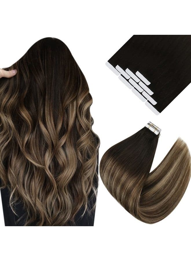 Tape in Extensions Real Human Hair Black Ombre VeSunny Tape in Human Hair Extensions Black Ombre Dark Brown with Ash Brown Tape on Real Hair Extensions Ombre 25g 10pcs 18inch