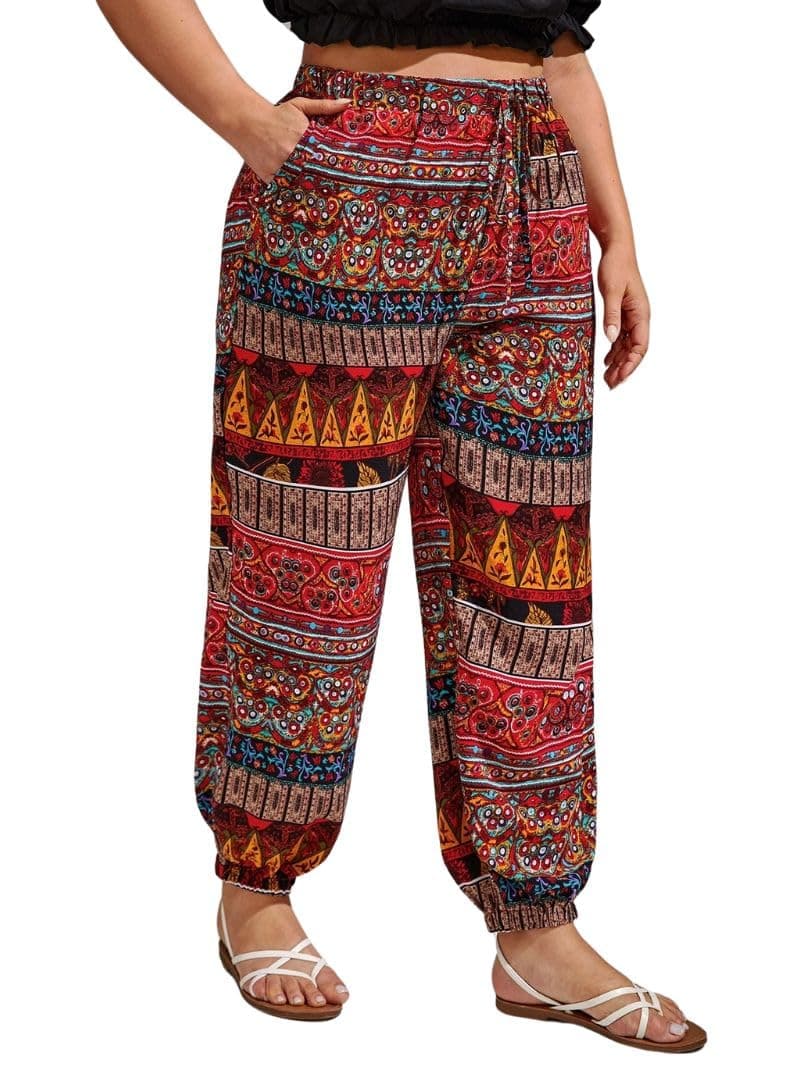 GRECIILOOKS Women's Boho Harem Pants – Printed Rayon Loose Fit Baggy Trousers with Elastic Waistband & Pockets | Casual Yoga & Lounge Wear (GL-TR1242-3XL-RED)