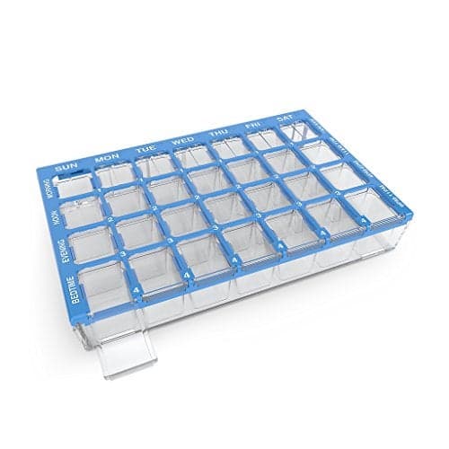 EZY DOSE Weekly (7-Day) Pill Organizer, Vitamin and Medicine Box, Medium Compartments with Easy Fill Tray, 4 Times a Day, Clear Lids, Color May Vary, BPA Free
