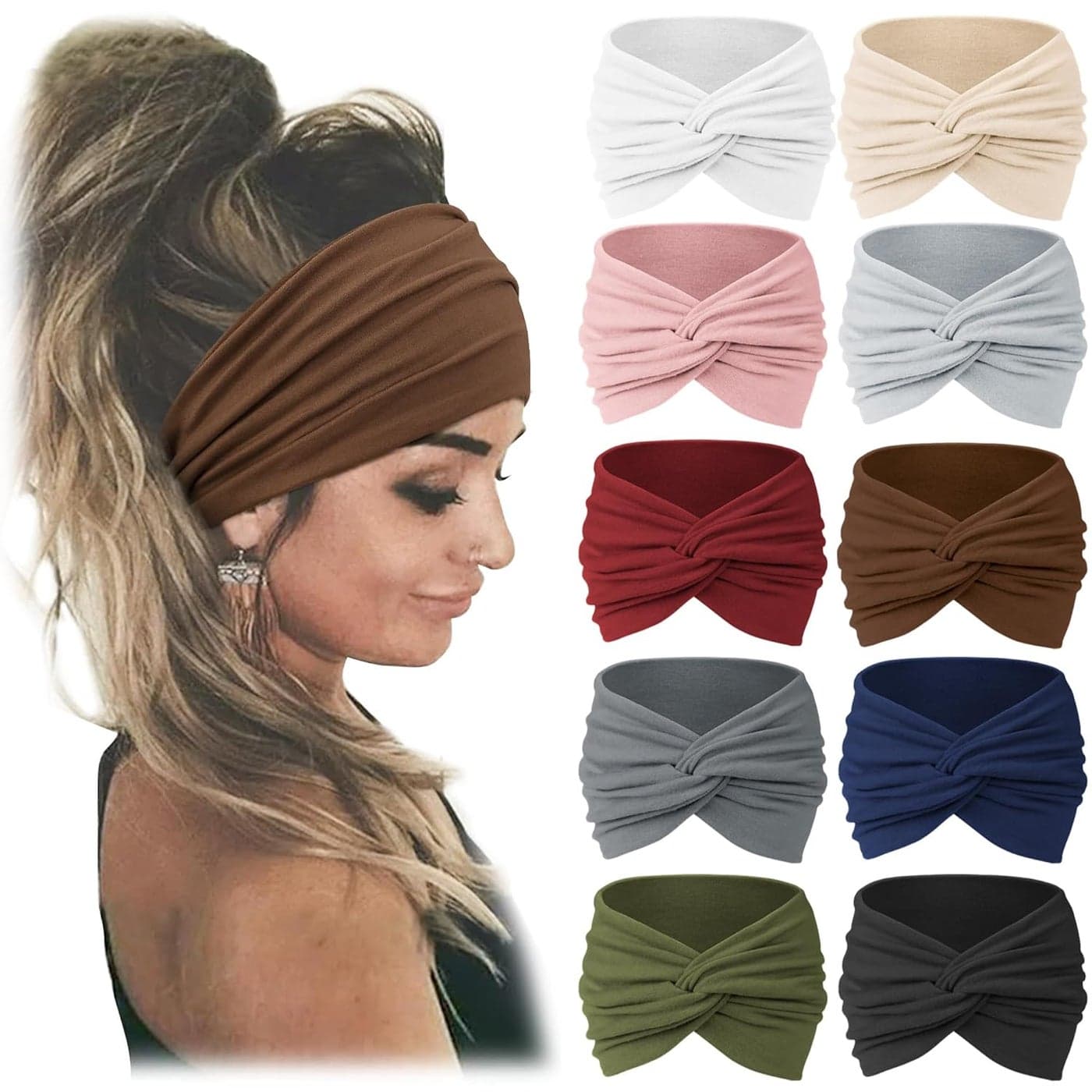 Jesries 10 PCS Women Headbands African Wide Hair Wrap Extra Turban Head Bands for Lady Large Sport Workout Stretch Nonslip Big Hair Bands