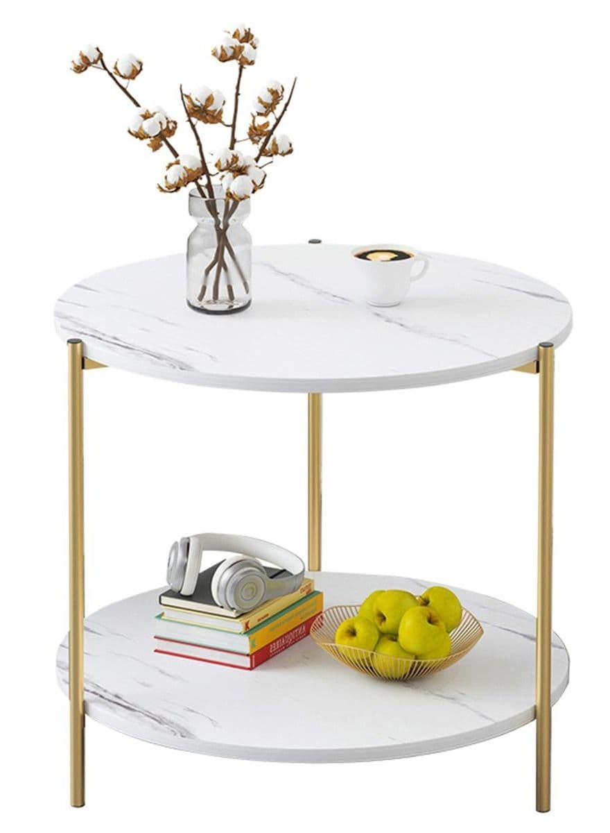 2 Tier White Side Table, Golden Iron Living Room Coffee Table Round Coffee Table Sofa Side Table Bedroom Bedside Table