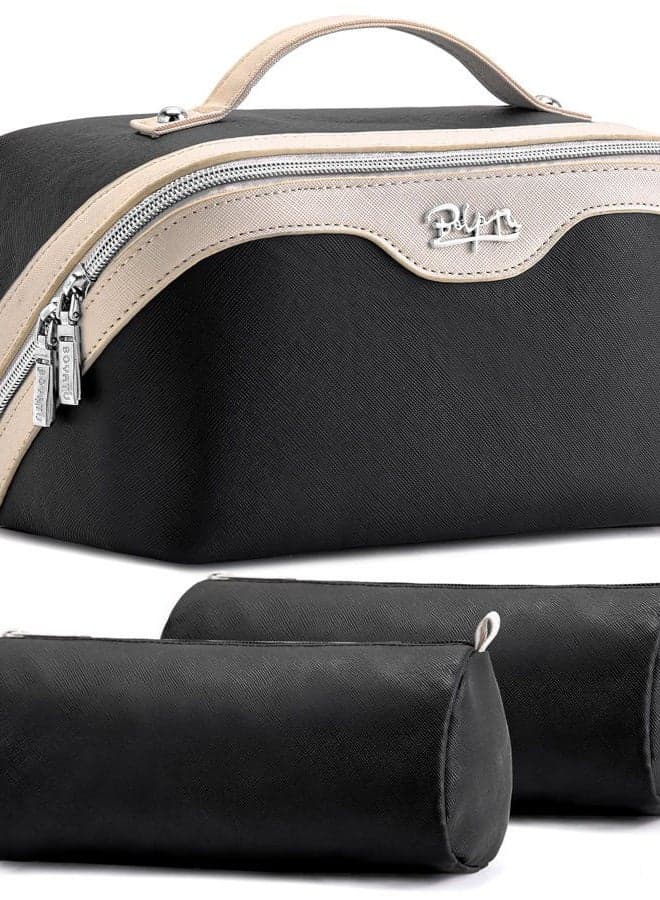 Women Leather Travel Makeup Bag with 2 Large Portable Makeup Bags for Women, A-01-black, Travel