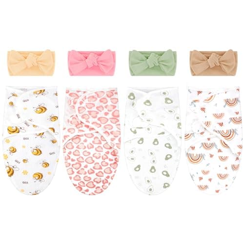 Bunnycool 4 Pack Newborn Preemie Swaddle with Headband Set Premature Swaddle Blanket Baby Clothes for Nicu Newborn Boys Girls(Preemie,Bow Style)